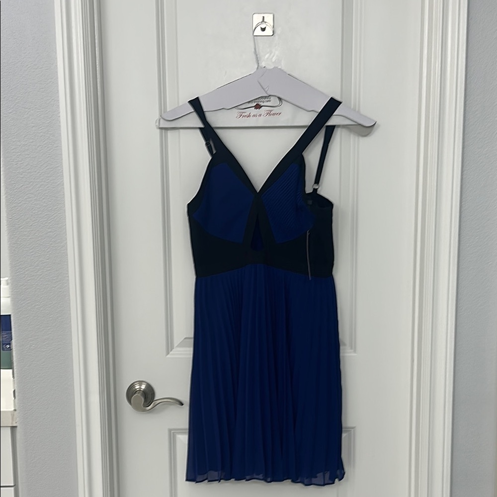 Brand new BCBG Blue and Black Pleated Dress